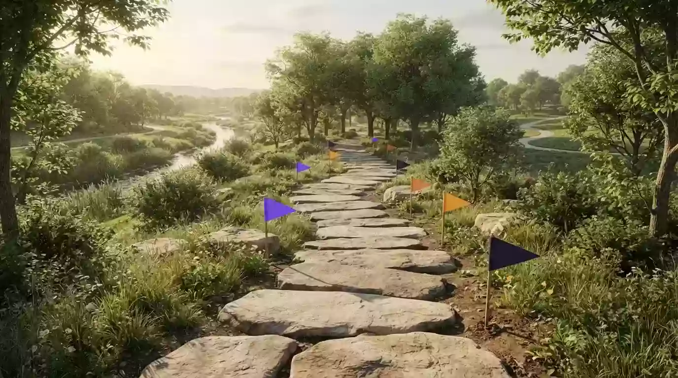 Steinweg durch einen Park mit kleinen Wegmarkierungen