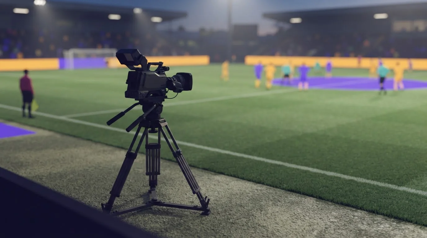 Fernsehkamera auf einem Stativ am Rand eines Fußballfeldes
