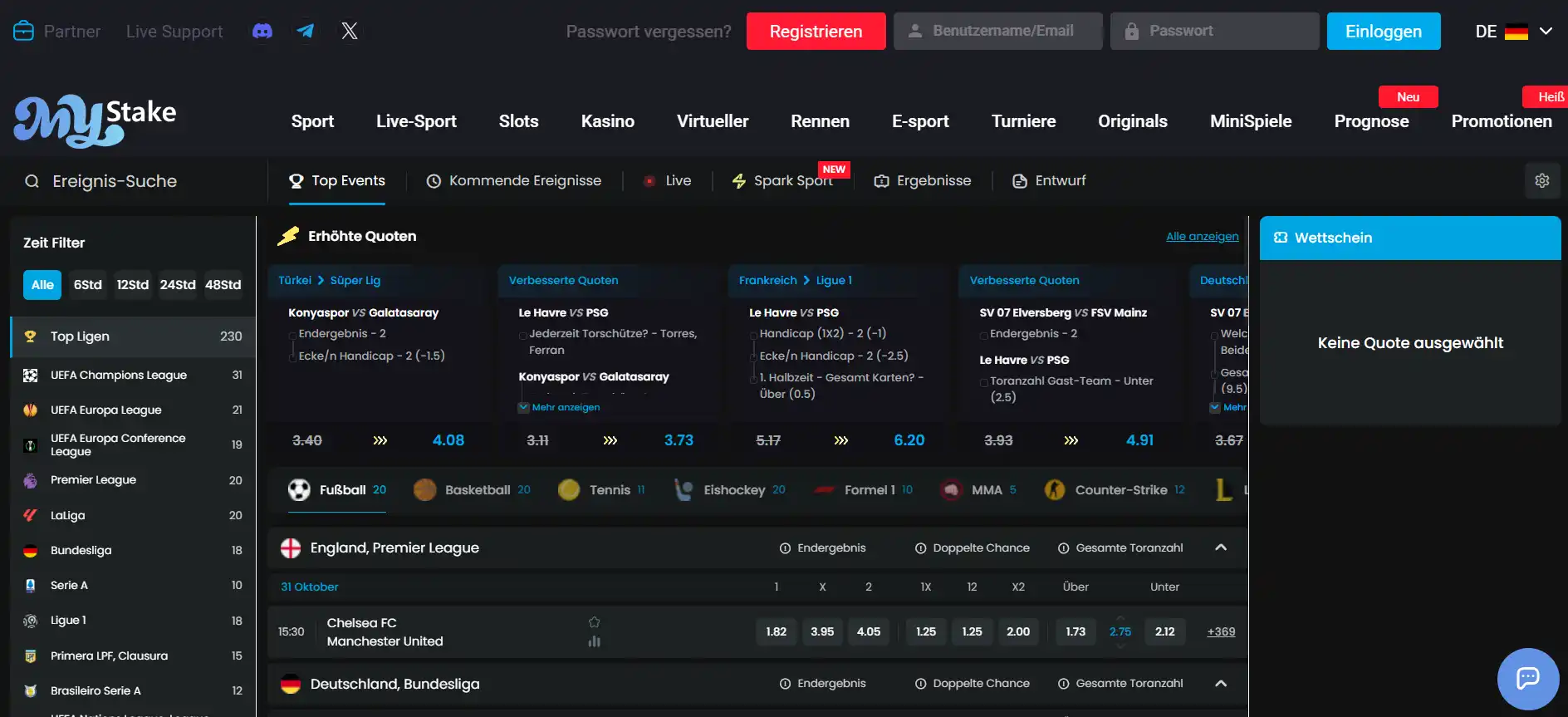 Navigation mit Sportarten und Live-Sport im MyStake-Webangebot