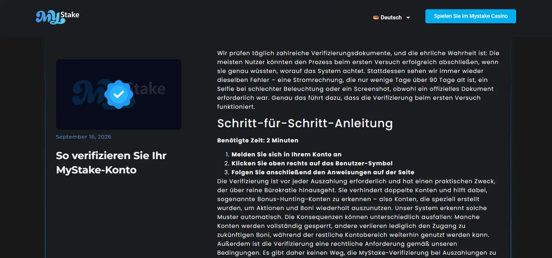 Überschrift eines MyStake-Artikels zur Identitätsprüfung mit Dokument und Gesichtsaufnahme