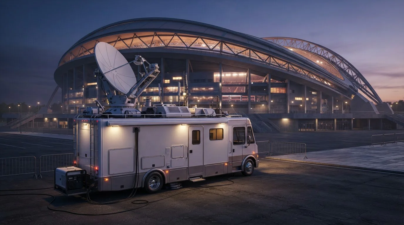 Fernsehübertragungswagen mit Satellitenschüssel vor einem Stadion bei Tageslicht